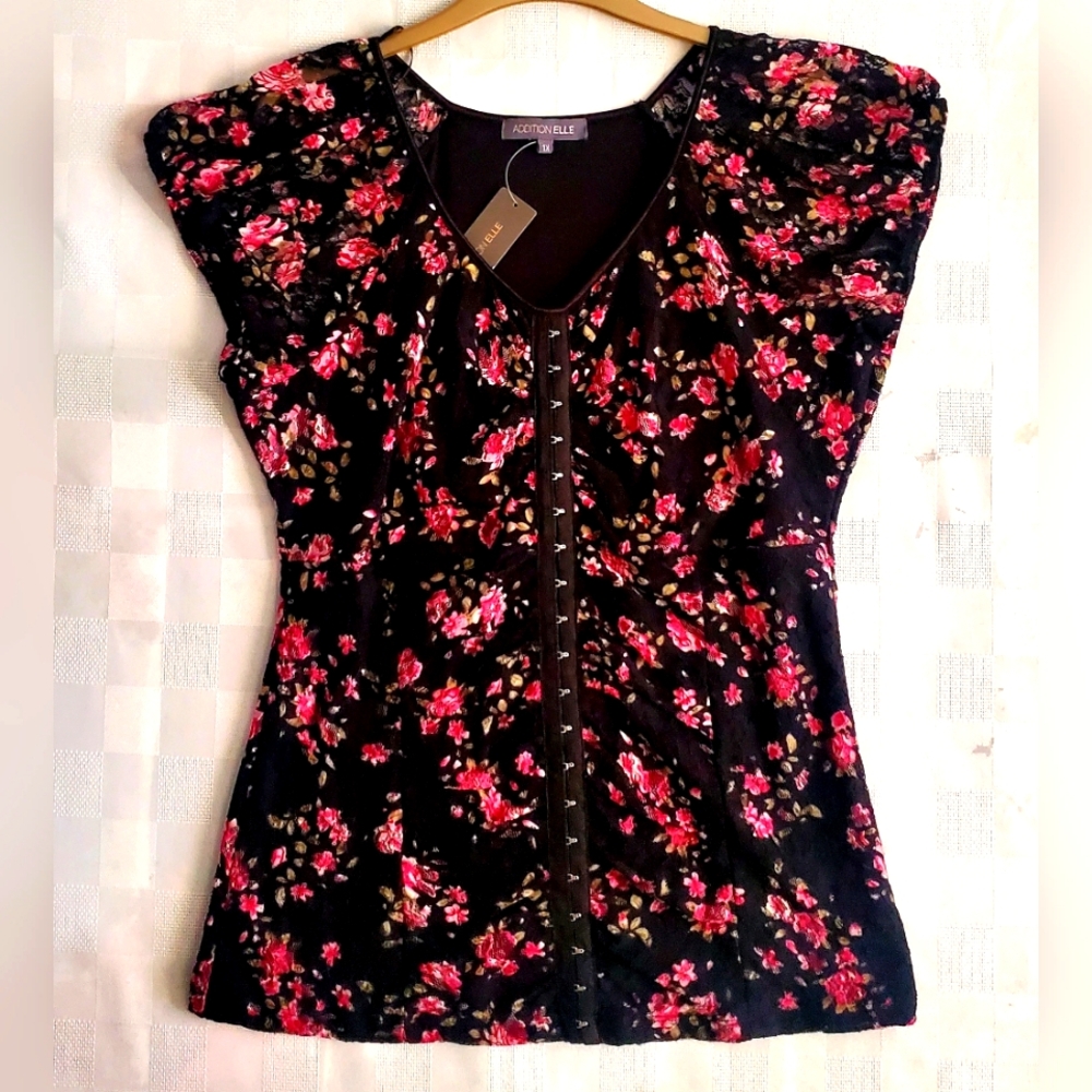 Women's Soft Knit Lace Ditzy Floral Top Cap Sleeves Size XL Boho Chic